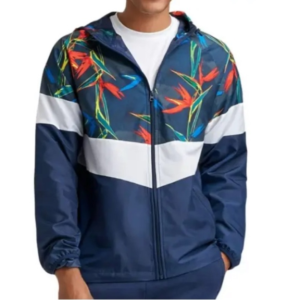 Russell Mens windbreaker Jacket, hooded blue full zippper tropical desig…